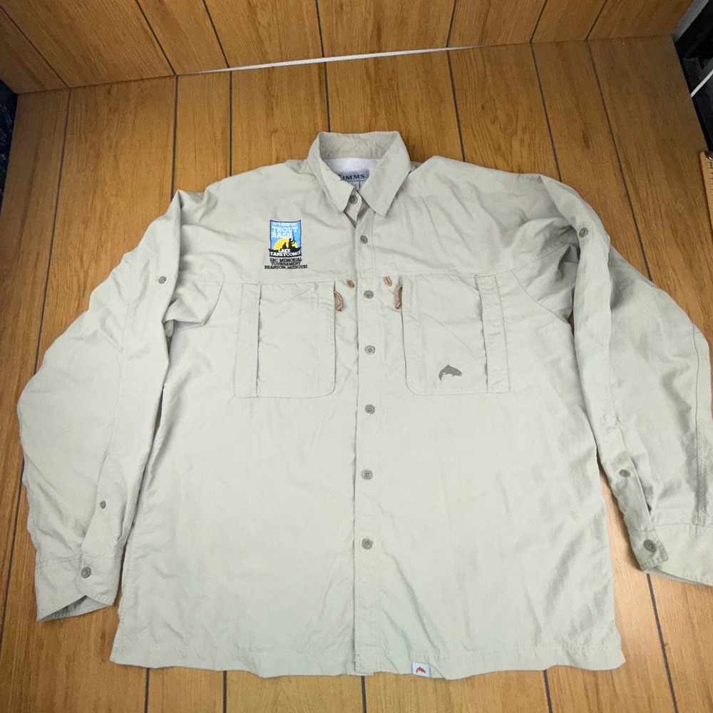 Simms Mens XL Trout Bash Lake Taneycomo Fishing Shirt Long Sleeve Nylon Tan